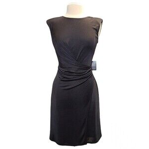 NWT EXPRESS Black Satin Cap Padded Shoulder Sleeve Ruched Dress XS